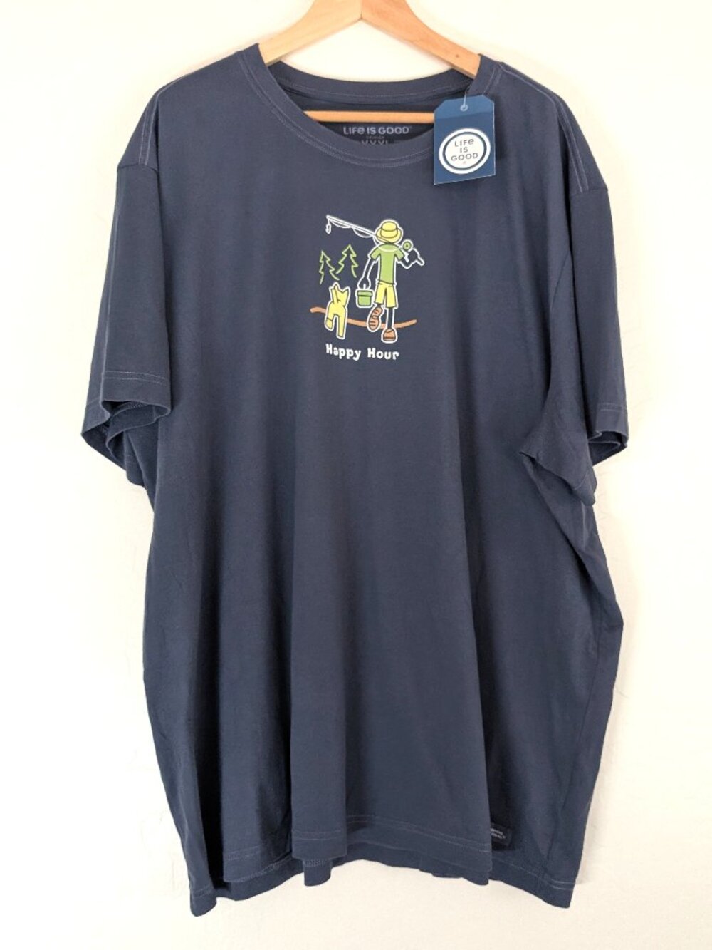 LIFE IS GOOD T Shirt Men's 3XL Blue Crusher Happy Hour Fishing Dog Short Sleeve